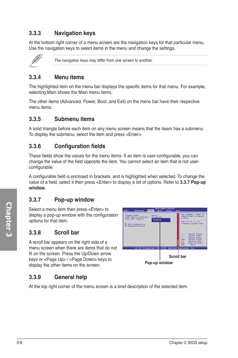 3 navigation keys, 4 menu items, 5 submenu items | 6 configuration fields, 7 pop-up window, 8 scroll bar, 9 general help, Navigation keys -8, Menu items -8, Submenu items -8 | Asus M4A78-E User Manual | Page 66 / 122