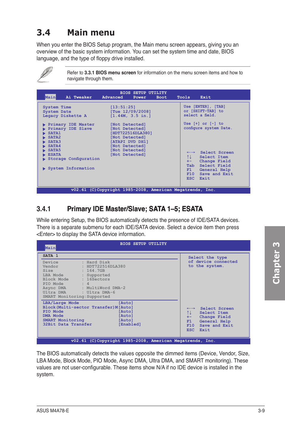 4 main menu, 1 primary ide master/slave; sata 1–5; esata, Main menu -9 3.4.1 | Primary ide master/slave; sata 1–5; esata -9, Chapter 3 3.4 main menu | Asus M4A78-E User Manual | Page 67 / 122