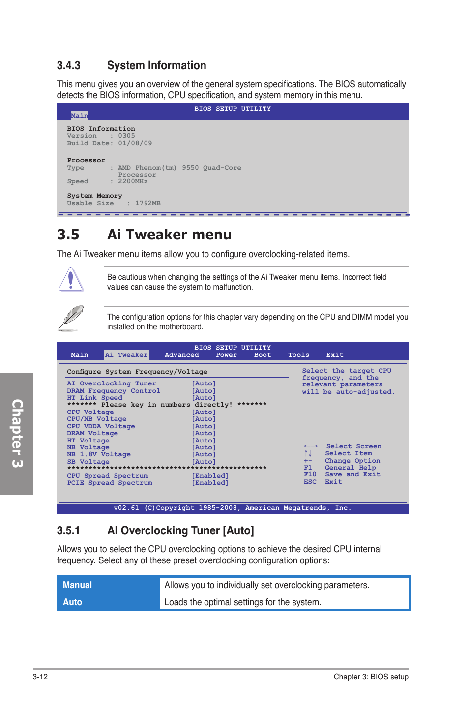 3 system information, 5 ai tweaker menu, 1 ai overclocking tuner [auto | System information -12, Ai tweaker menu -12 3.5.1, Ai overclocking tuner -12, Chapter 3 | Asus M4A78-E User Manual | Page 70 / 122