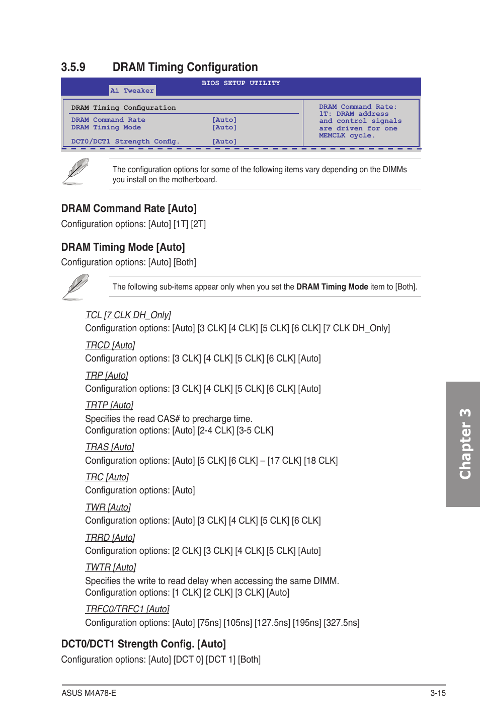 9 dram timing configuration, Dram timing configuration -15, Chapter 3 | Dram command rate [auto, Dram timing mode [auto, Dct0/dct1 strength config. [auto | Asus M4A78-E User Manual | Page 73 / 122