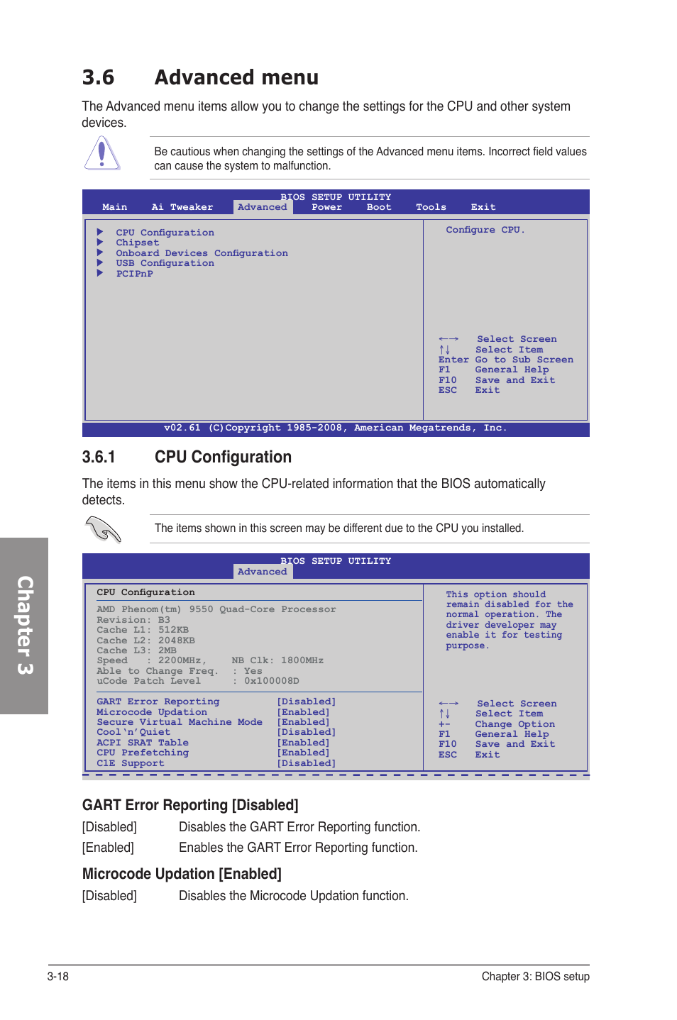6 advanced menu, 1 cpu configuration, Advanced menu -18 3.6.1 | Cpu configuration -18, Chapter 3, Gart error reporting [disabled, Microcode updation [enabled | Asus M4A78-E User Manual | Page 76 / 122