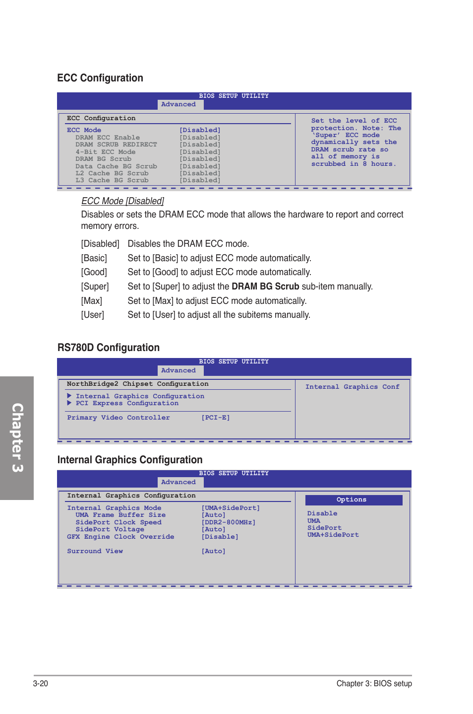 Chapter 3, Ecc configuration, Rs780d configuration | Internal graphics configuration | Asus M4A78-E User Manual | Page 78 / 122