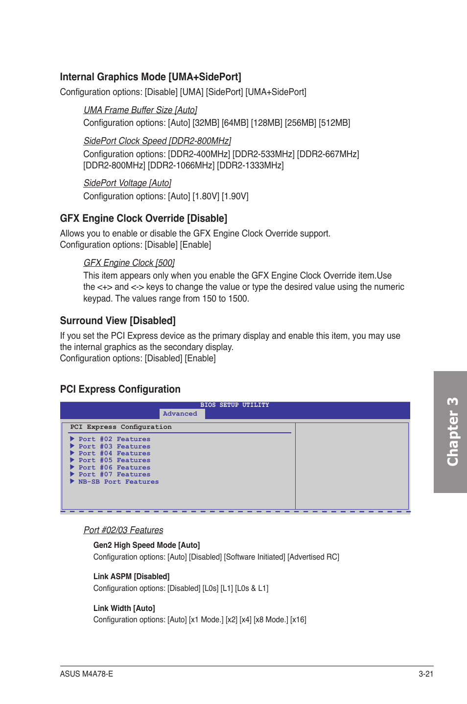 Chapter 3, Internal graphics mode [uma�sideport, Gfx engine clock override [disable | Surround view [disabled, Pci express configuration | Asus M4A78-E User Manual | Page 79 / 122