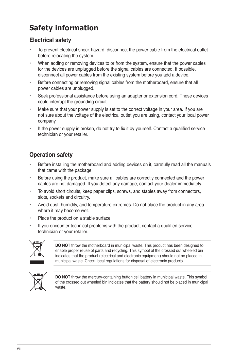 Safety information, Electrical safety, Operation safety | Asus M4A78-E User Manual | Page 8 / 122