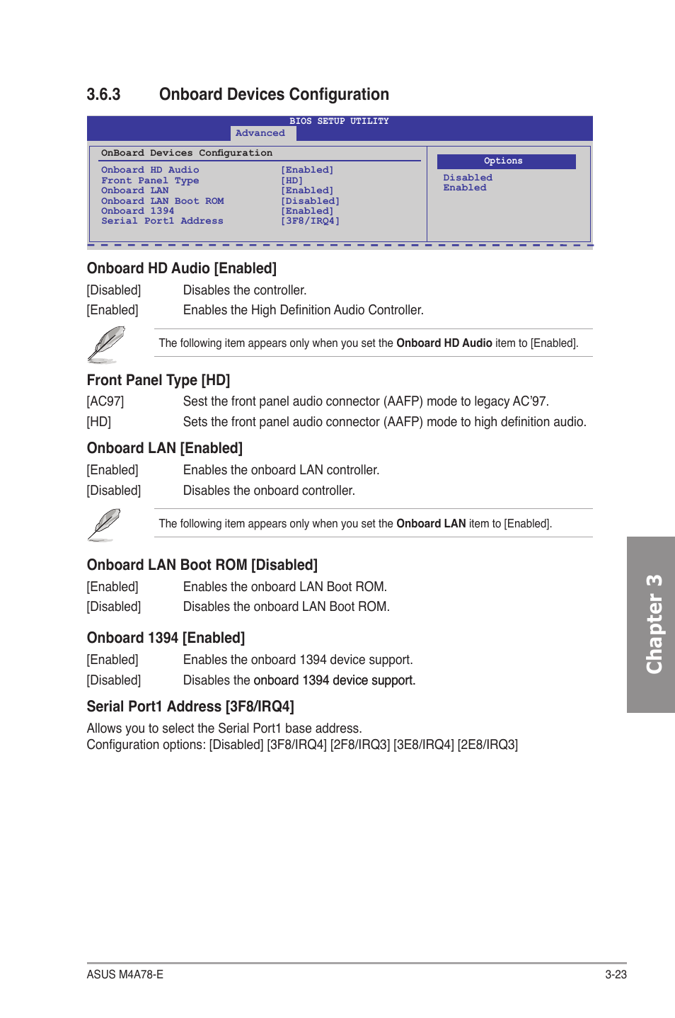 3 onboard devices configuration, Onboard devices configuration -23, Chapter 3 | Onboard hd audio [enabled, Front panel type [hd, Onboard lan [enabled, Onboard lan boot rom [disabled, Onboard 1394 [enabled, Serial port1 address [3f8/irq4 | Asus M4A78-E User Manual | Page 81 / 122