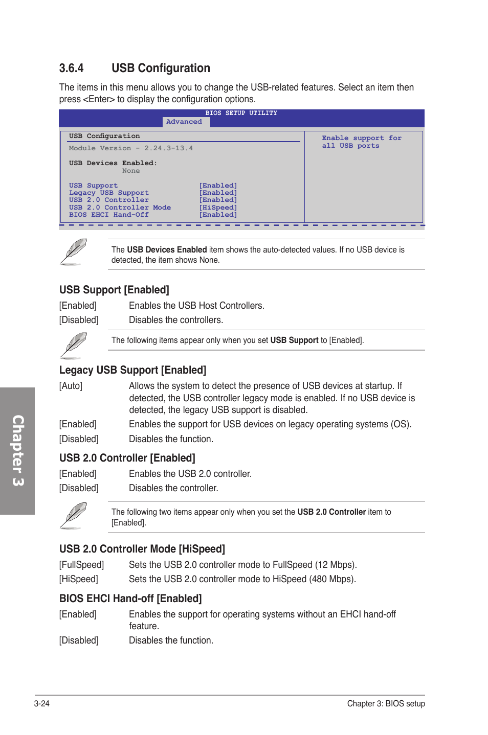 4 usb configuration, Usb configuration -24, Chapter 3 | Usb support [enabled, Legacy usb support [enabled, Usb 2.0 controller [enabled, Usb 2.0 controller mode [hispeed, Bios ehci hand-off [enabled | Asus M4A78-E User Manual | Page 82 / 122