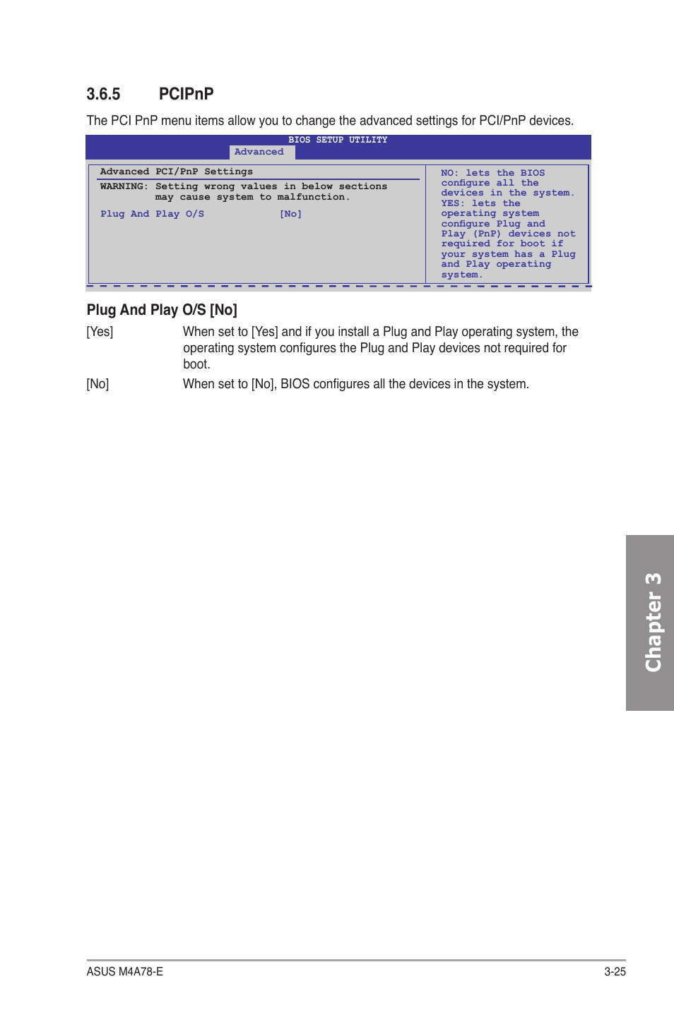 5 pcipnp, Pcipnp -25, Chapter 3 | Plug and play o/s [no | Asus M4A78-E User Manual | Page 83 / 122