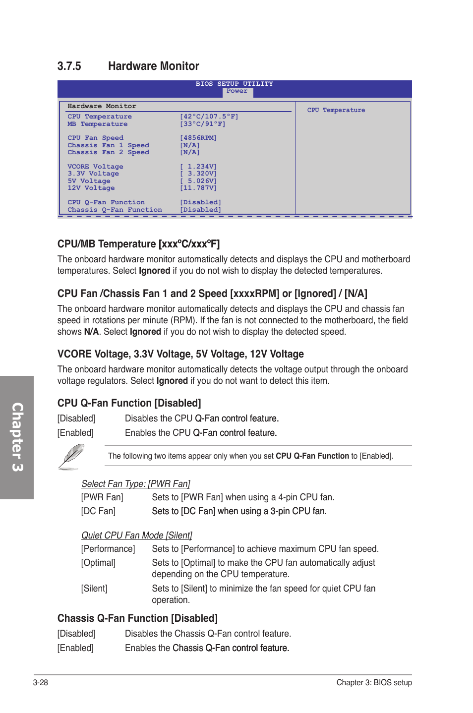 5 hardware monitor, Hardware monitor -28, Chapter 3 | Cpu/mb temperature [xxx�c/xxx�f] [xxx�c/xxx�f, Cpu q-fan function [disabled, Chassis q-fan function [disabled | Asus M4A78-E User Manual | Page 86 / 122
