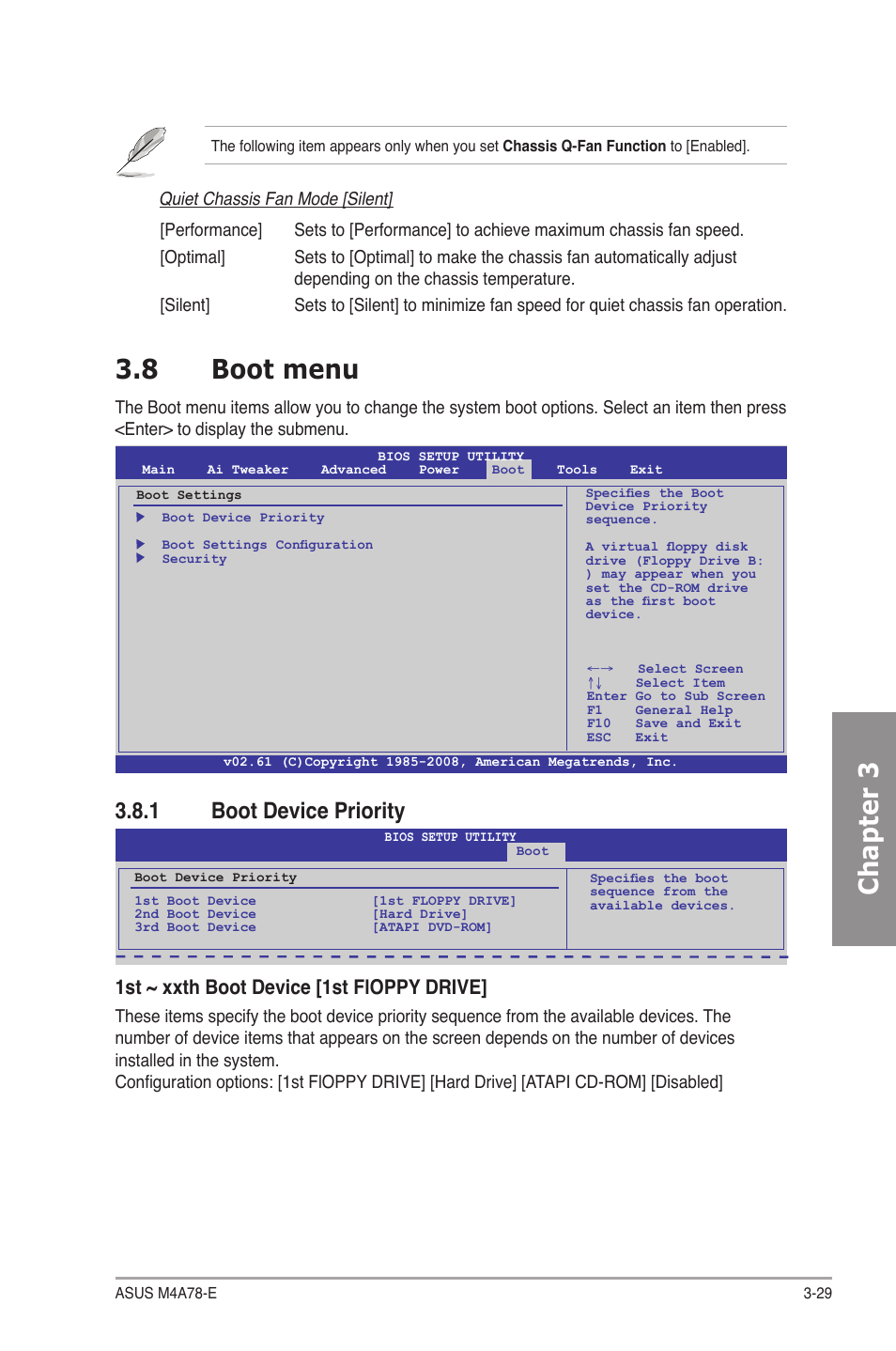 8 boot menu, 1 boot device priority, Boot menu -29 3.8.1 | Boot device priority -29, Chapter 3, 1st ~ xxth boot device [1st floppy drive | Asus M4A78-E User Manual | Page 87 / 122