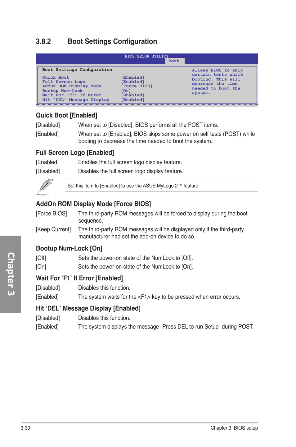 2 boot settings configuration, Boot settings configuration -30, Chapter 3 | Quick boot [enabled, Full screen logo [enabled, Addon rom display mode [force bios, Bootup num-lock [on, Wait for ‘f1’ if error [enabled, Hit ‘del’ message display [enabled | Asus M4A78-E User Manual | Page 88 / 122