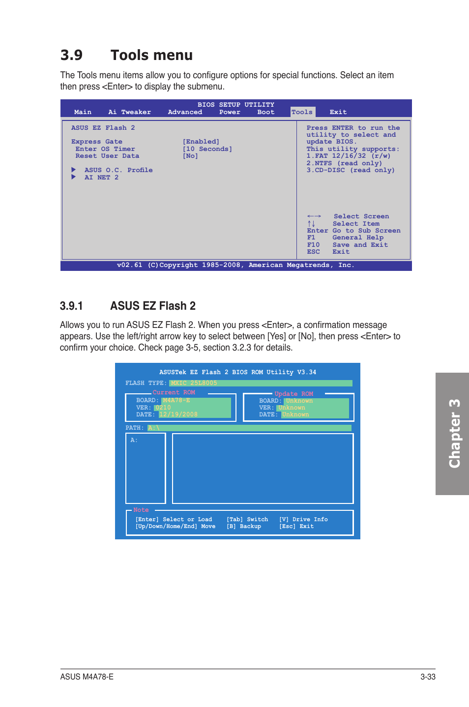 9 tools menu, 1 asus ez flash 2, Tools menu -33 3.9.1 | Asus ez flash 2 -33, Chapter 3 3.9 tools menu | Asus M4A78-E User Manual | Page 91 / 122