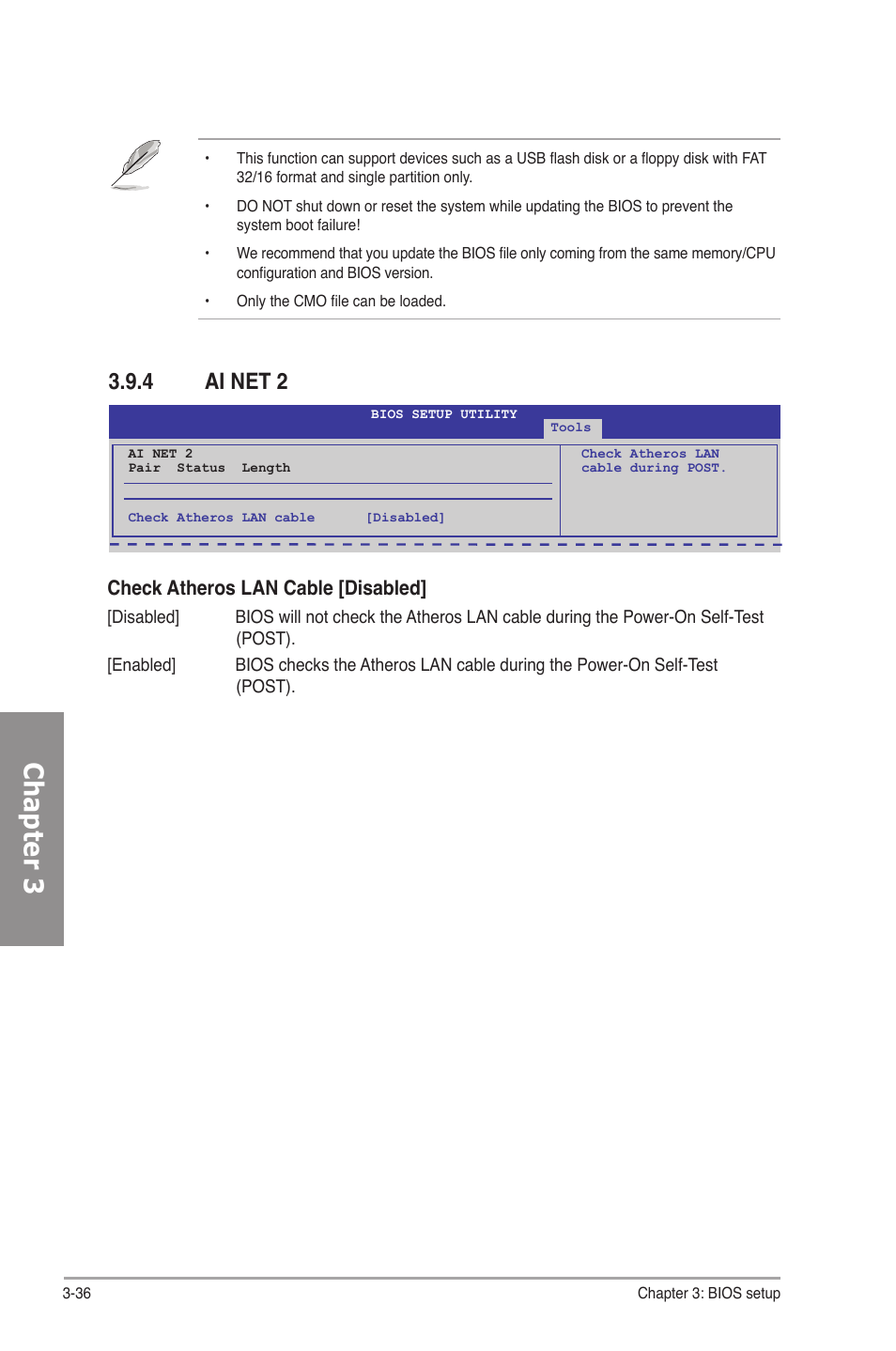 4 ai net 2, Ai net 2 -36, Chapter 3 | Check atheros lan cable [disabled | Asus M4A78-E User Manual | Page 94 / 122