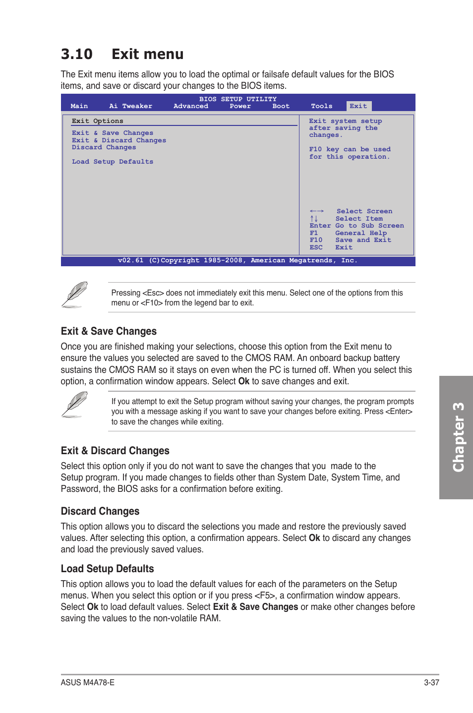 10 exit menu, Exit menu -37, Chapter 3 3.10 exit menu | Exit & save changes, Exit & discard changes, Discard changes, Load setup defaults | Asus M4A78-E User Manual | Page 95 / 122