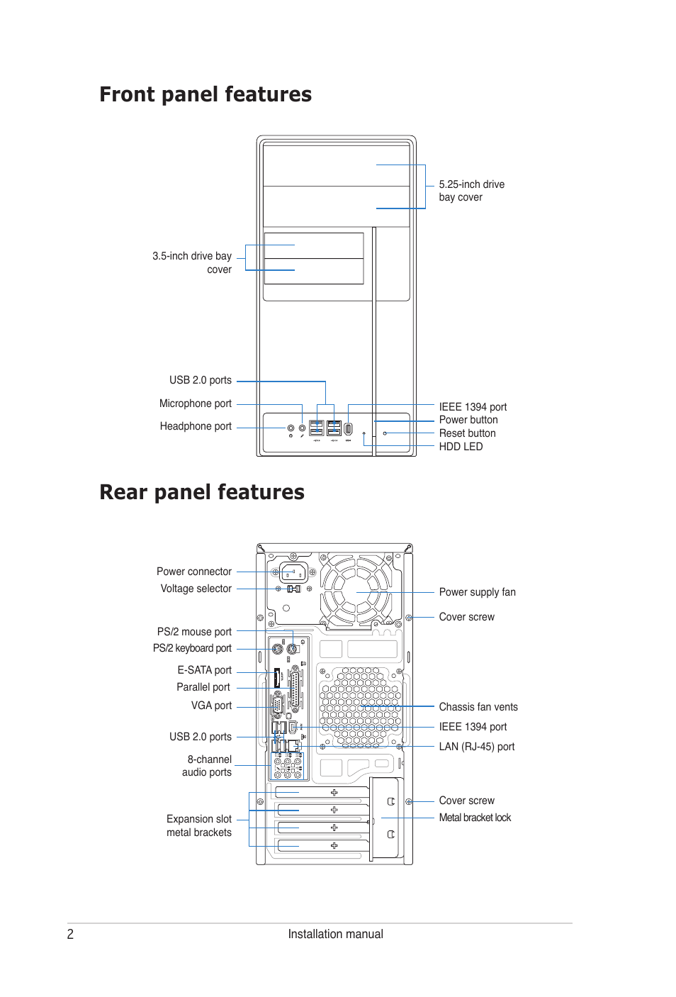 Rear panel features front panel features, Installation manual | Asus V3-P5G965 User Manual | Page 2 / 8