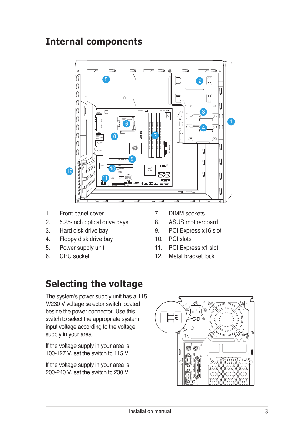 Selecting the voltage, Internal components, Installation manual | Asus V3-P5G965 User Manual | Page 3 / 8