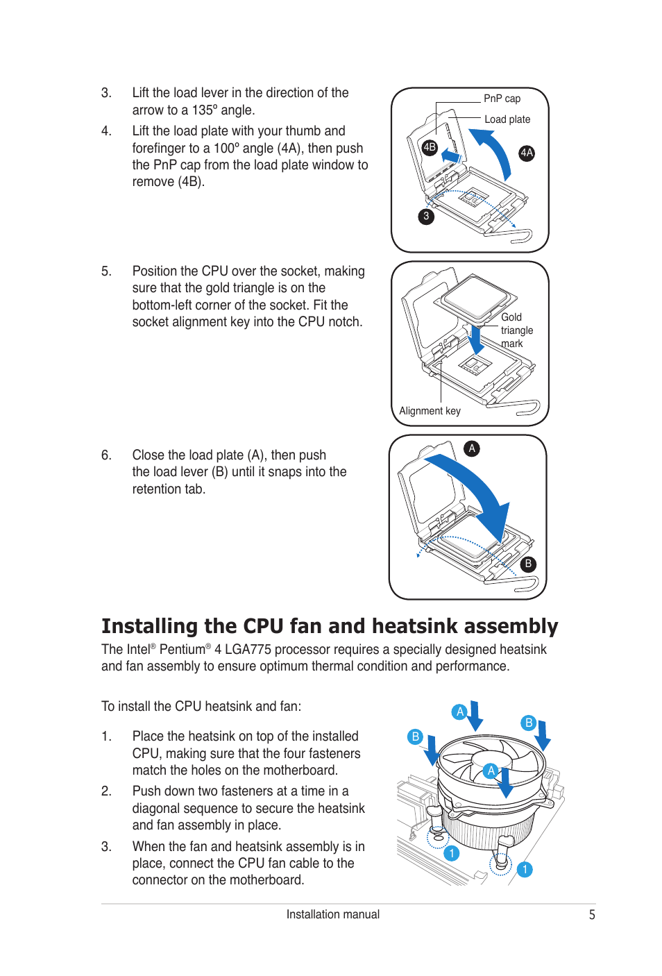 Installing the cpu fan and heatsink assembly | Asus V3-P5G965 User Manual | Page 5 / 8