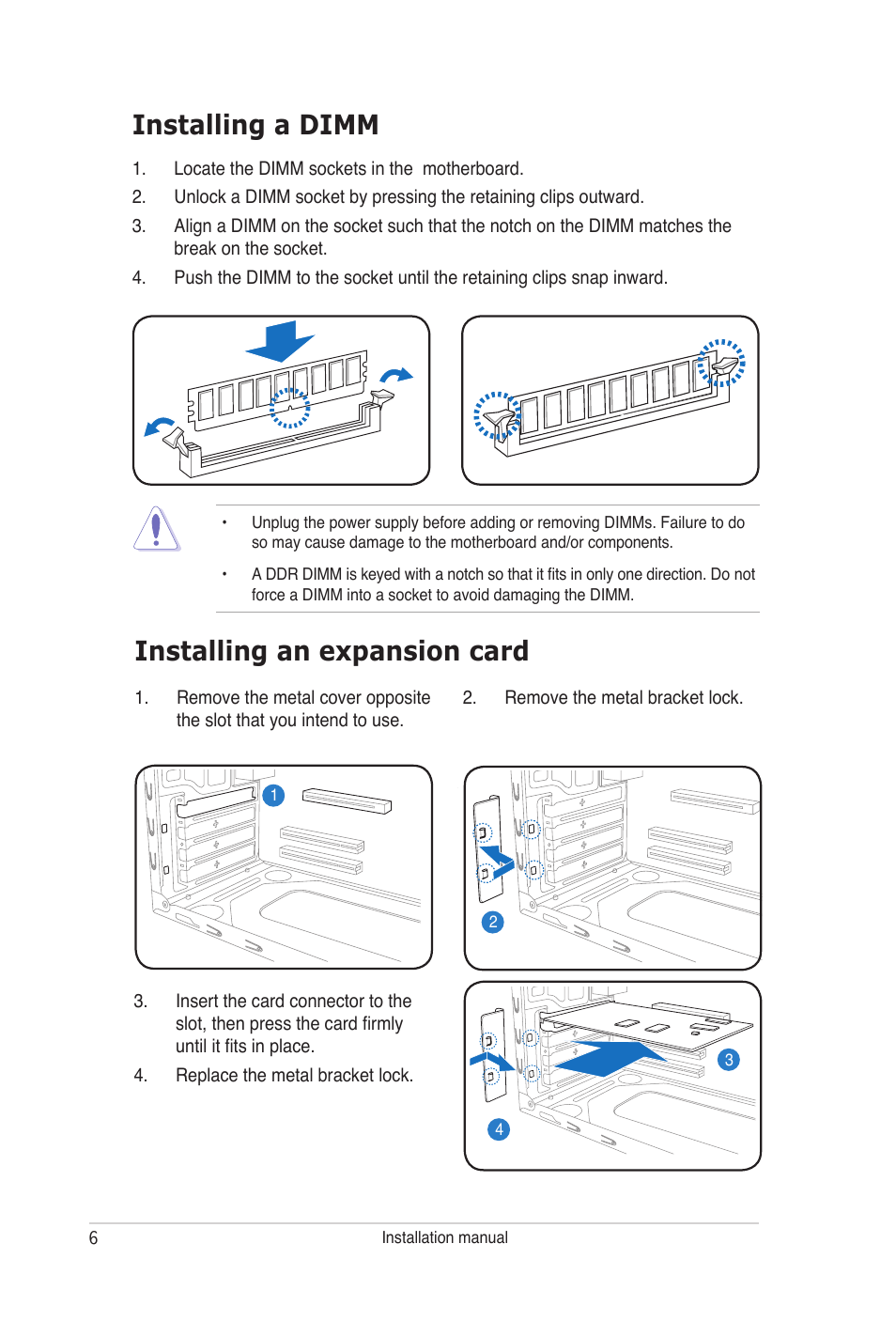 Installing an expansion card installing a dimm | Asus V3-P5G965 User Manual | Page 6 / 8