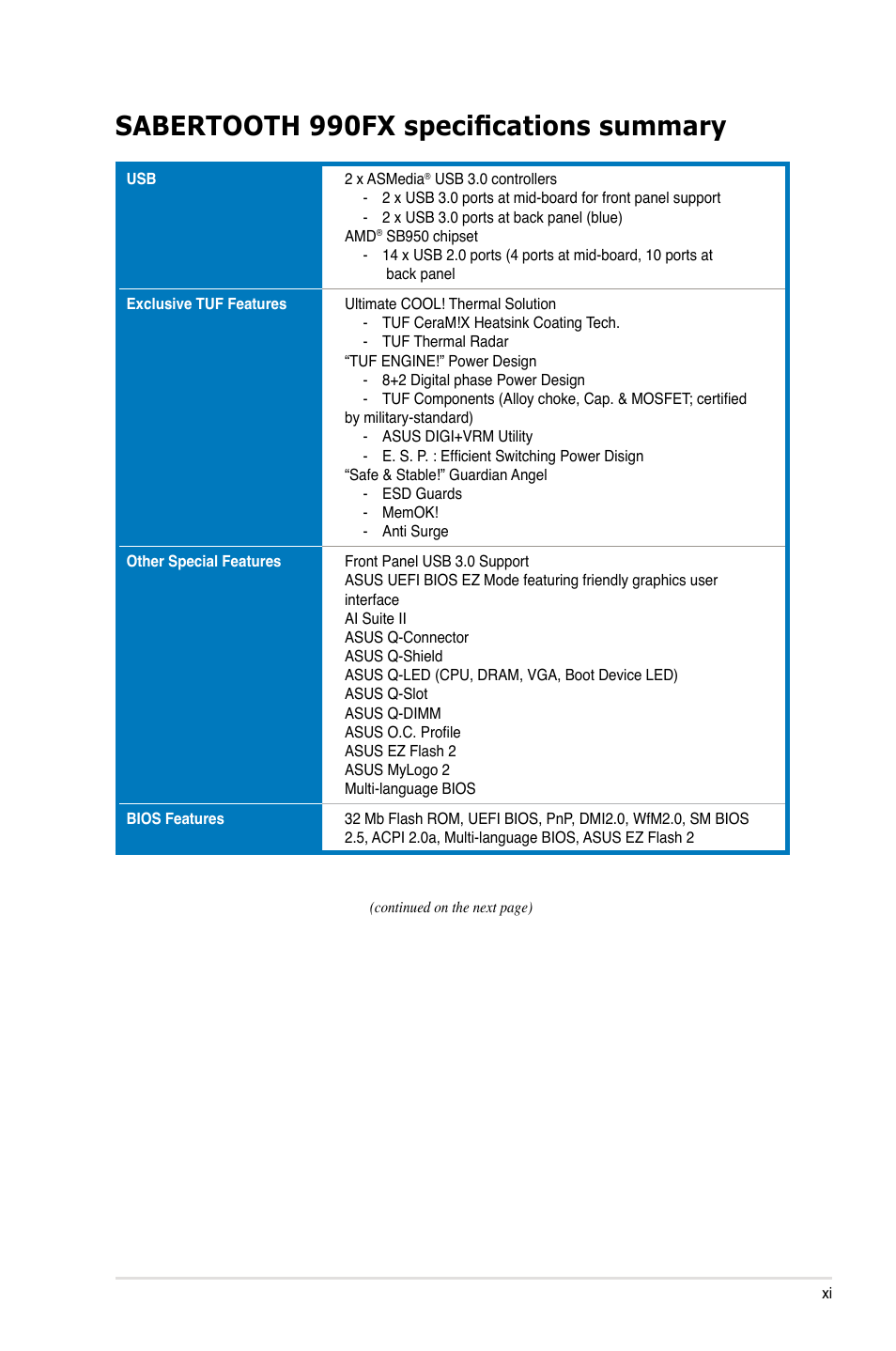 Sabertooth 990fx specifications summary | Asus SABERTOOTH 990FX User Manual | Page 11 / 148