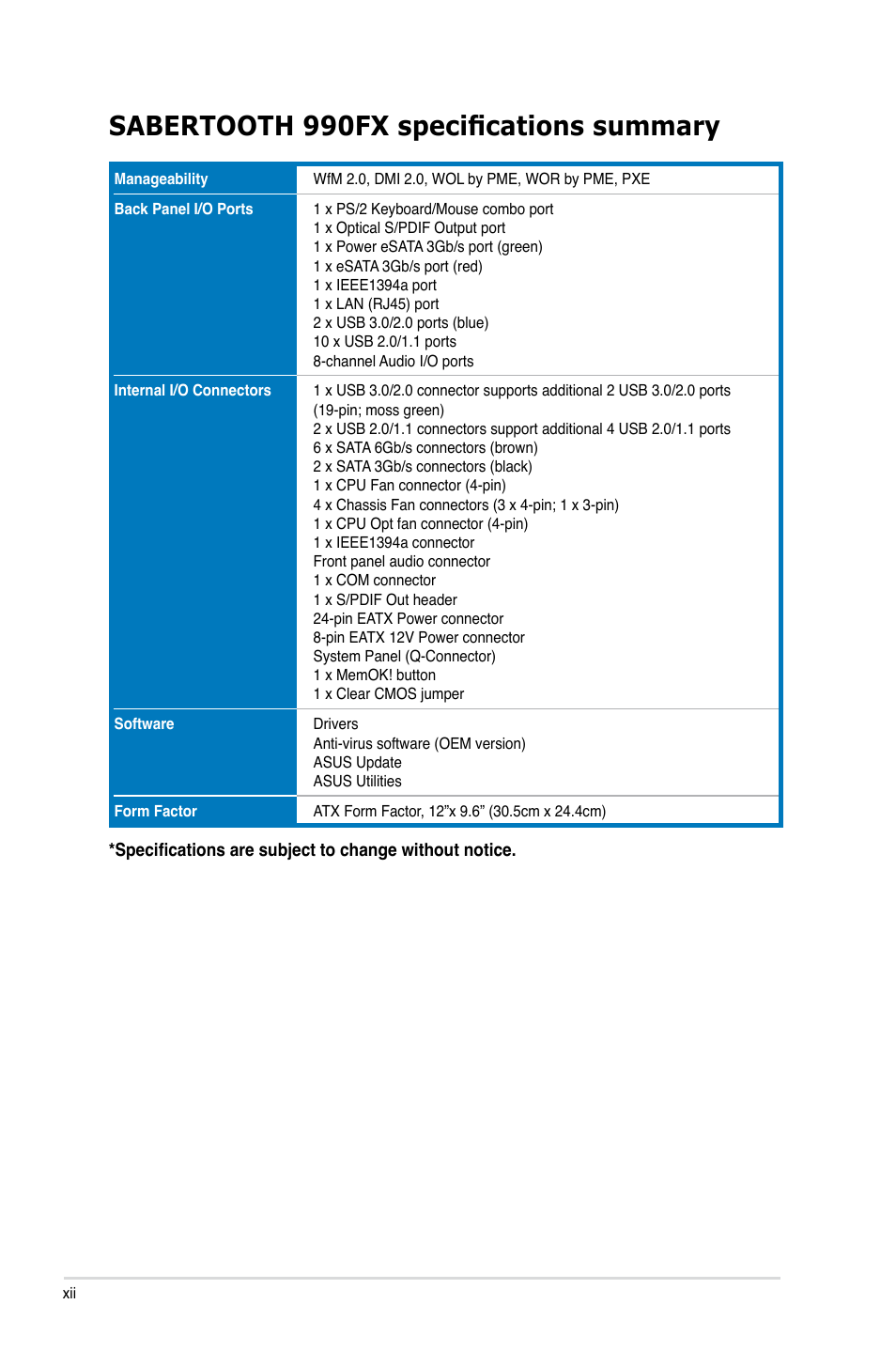 Sabertooth 990fx specifications summary | Asus SABERTOOTH 990FX User Manual | Page 12 / 148