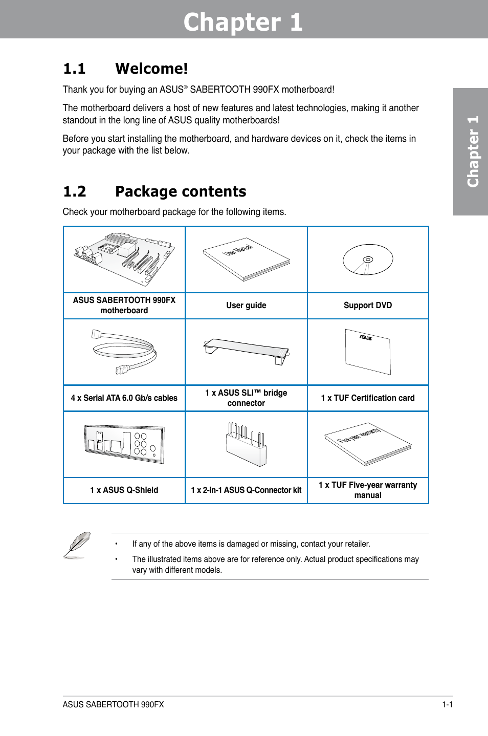 Chapter 1, 1 welcome, 2 package contents | Asus SABERTOOTH 990FX User Manual | Page 13 / 148