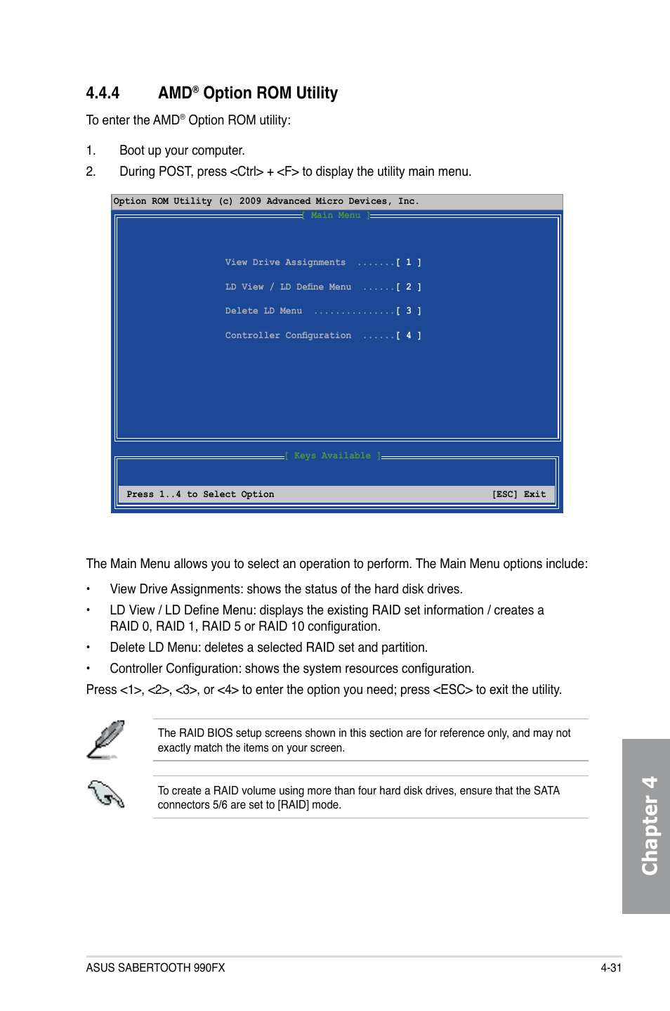 Chapter 4, 4 amd, Option rom utility | Asus SABERTOOTH 990FX User Manual | Page 131 / 148