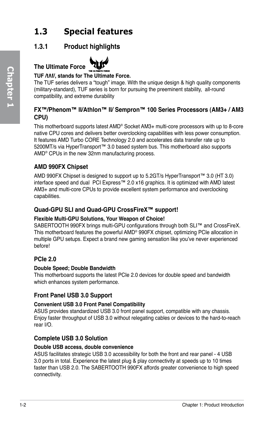 Chapter 1 1.3 special features, 1 product highlights | Asus SABERTOOTH 990FX User Manual | Page 14 / 148