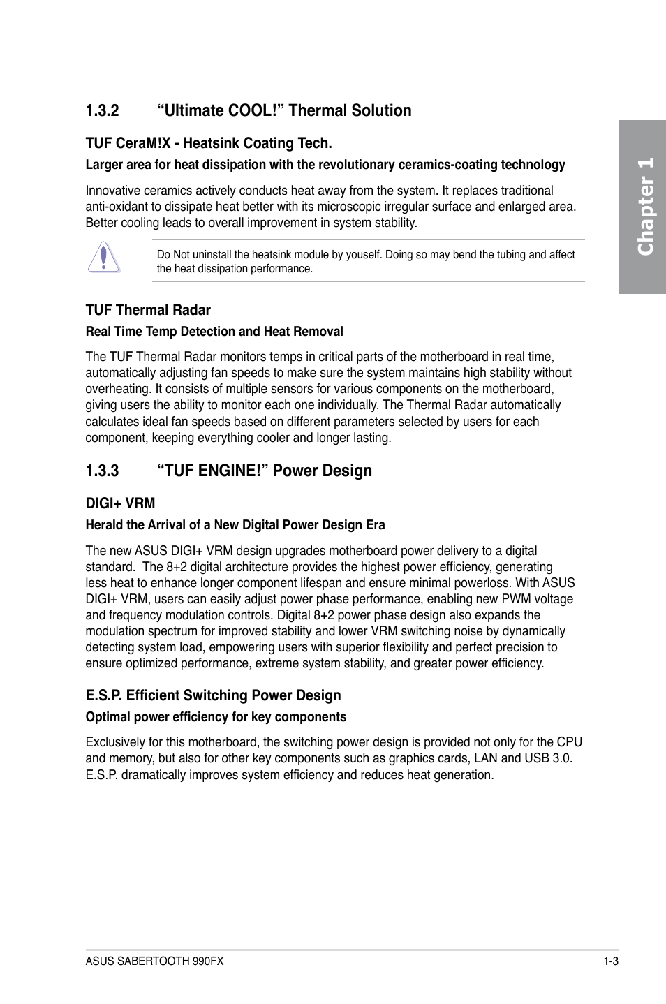 Chapter 1, 2 “ultimate cool!” thermal solution, 3 “tuf engine!” power design | Asus SABERTOOTH 990FX User Manual | Page 15 / 148