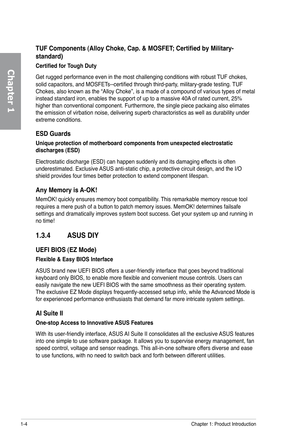 Chapter 1, 4 asus diy | Asus SABERTOOTH 990FX User Manual | Page 16 / 148