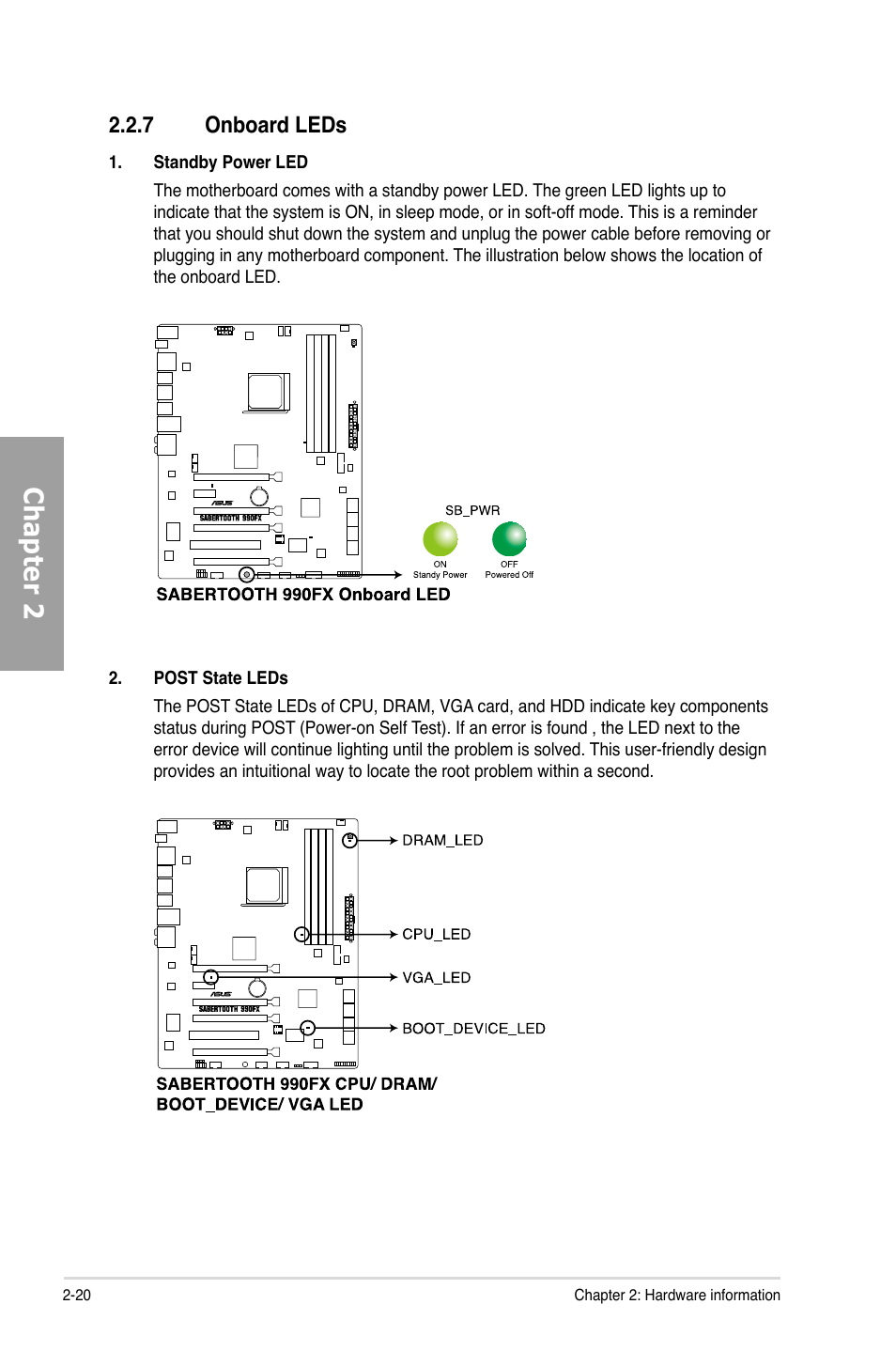 Chapter 2, 7 onboard leds | Asus SABERTOOTH 990FX User Manual | Page 38 / 148