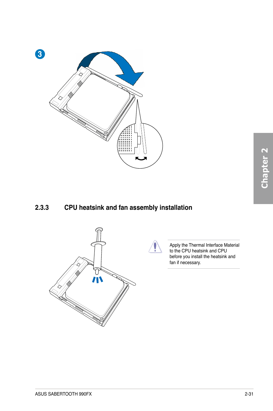 Chapter 2 3, 3 cpu heatsink and fan assembly installation | Asus SABERTOOTH 990FX User Manual | Page 49 / 148