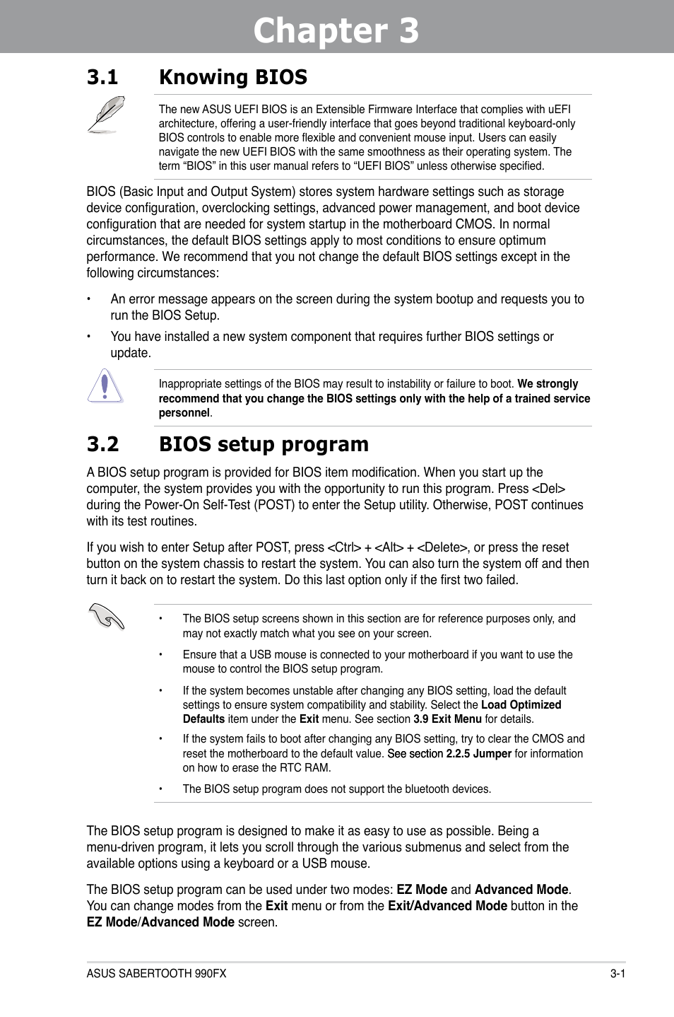 Chapter 3, Chapter 3 3.1 knowing bios, 2 bios setup program | Asus SABERTOOTH 990FX User Manual | Page 63 / 148