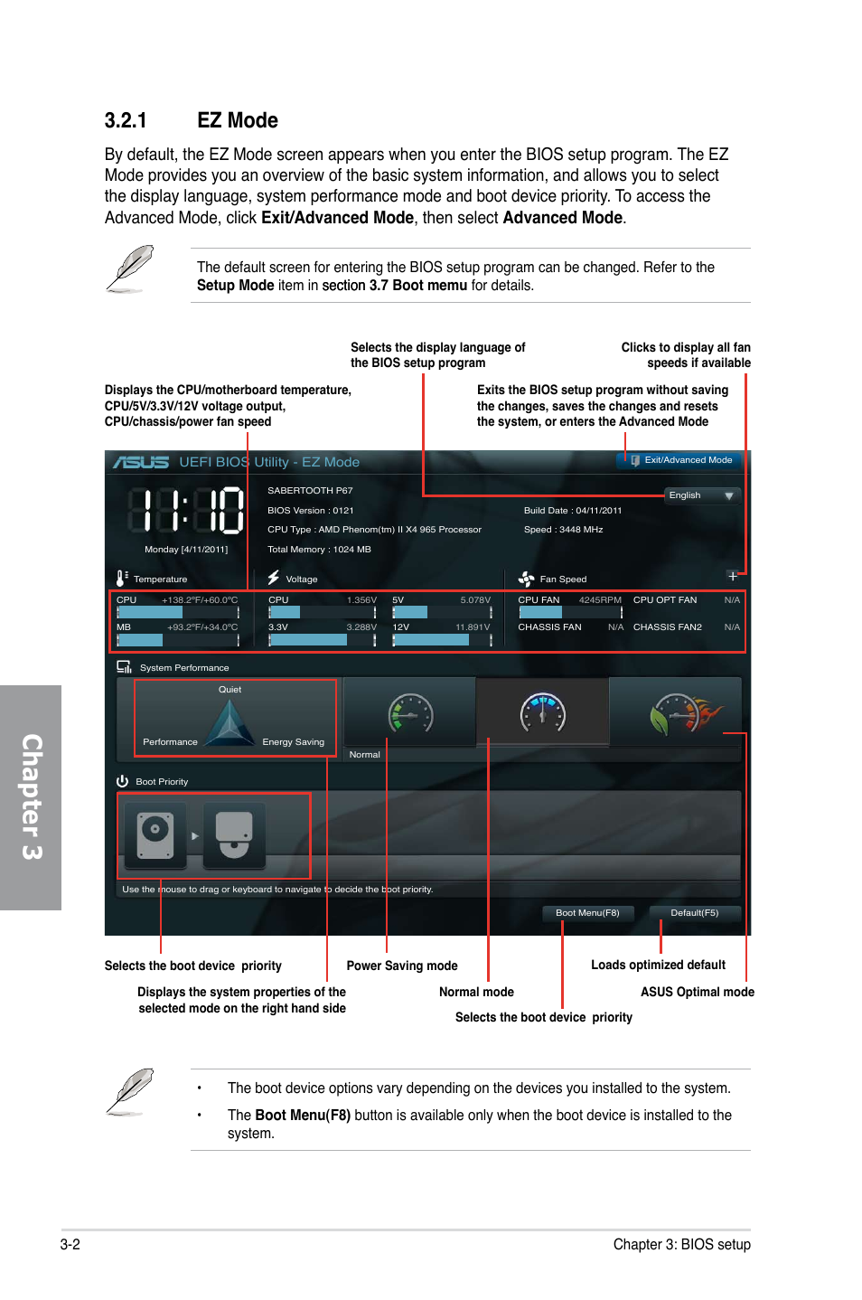 Chapter 3, 1 ez mode, 2 chapter 3: bios setup | Asus SABERTOOTH 990FX User Manual | Page 64 / 148