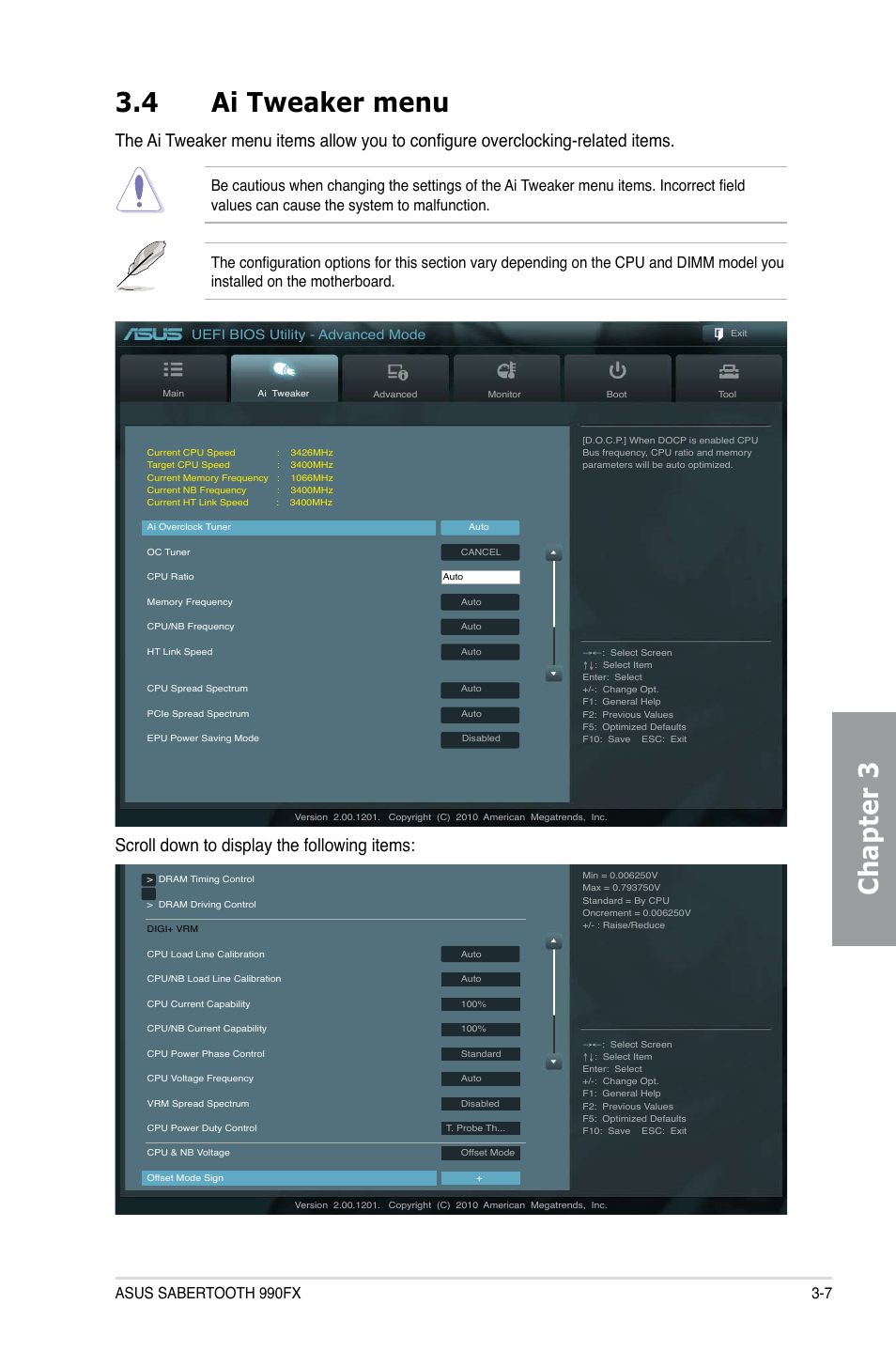 Chapter 3 3.4 ai tweaker menu, Scroll down to display the following items, Uefi bios utility - advanced mode | Asus SABERTOOTH 990FX User Manual | Page 69 / 148