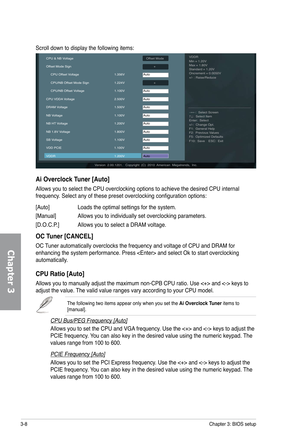 Chapter 3, Ai overclock tuner [auto, Oc tuner [cancel | Cpu ratio [auto, Scroll down to display the following items, 8 chapter 3: bios setup | Asus SABERTOOTH 990FX User Manual | Page 70 / 148