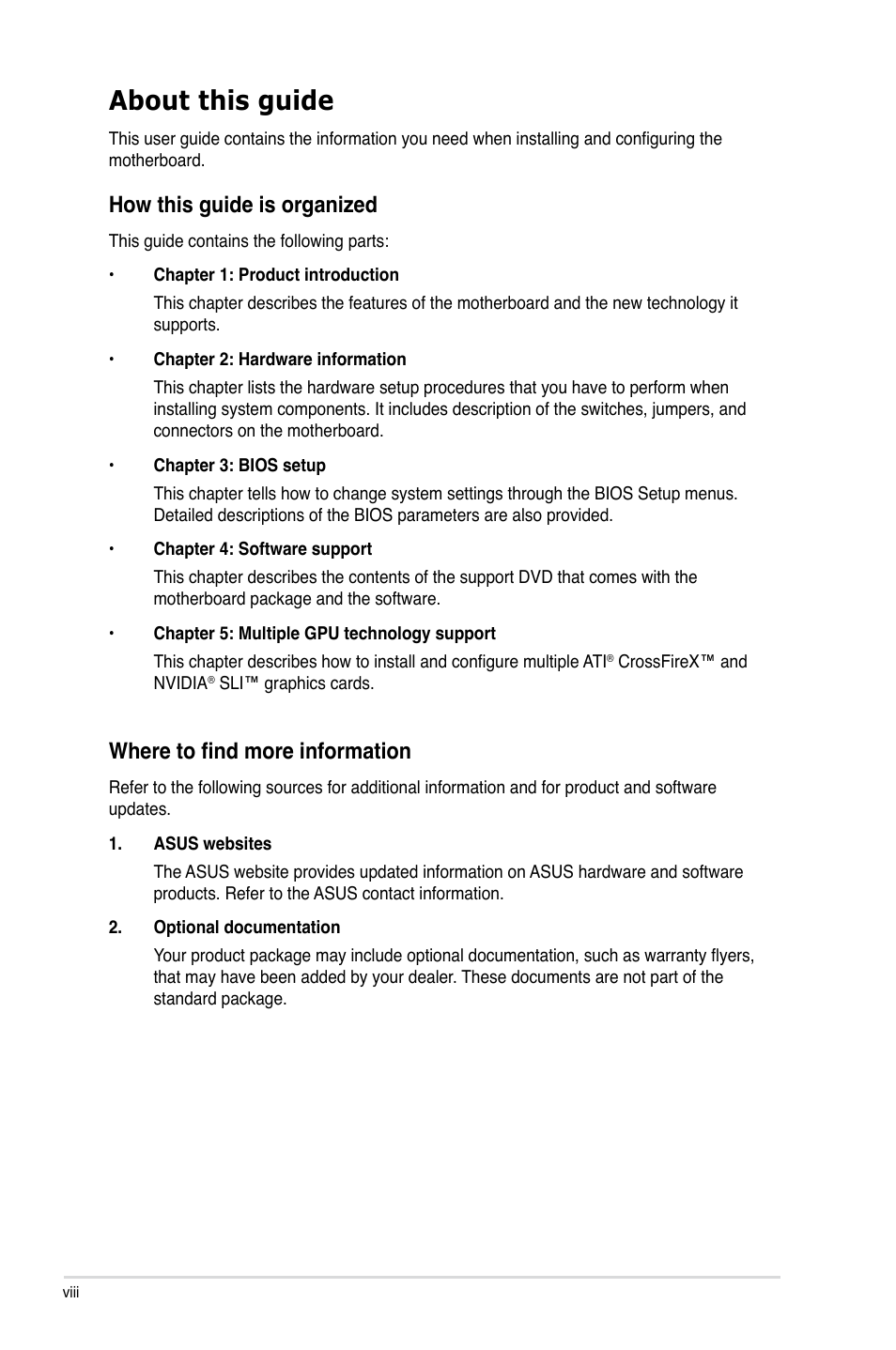 About this guide, How this guide is organized, Where to find more information | Asus SABERTOOTH 990FX User Manual | Page 8 / 148