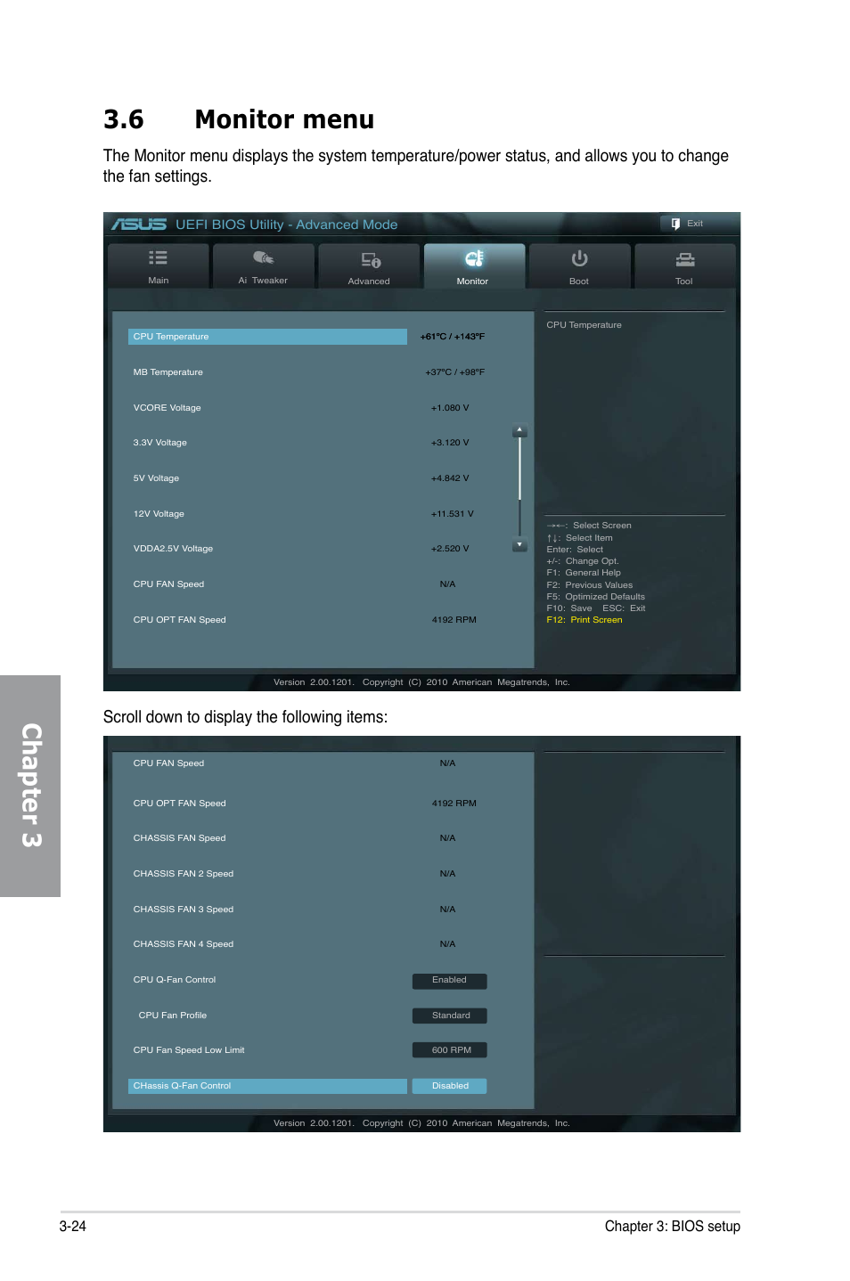 Chapter 3 3.6 monitor menu, Scroll down to display the following items, 24 chapter 3: bios setup | Uefi bios utility - advanced mode | Asus SABERTOOTH 990FX User Manual | Page 86 / 148