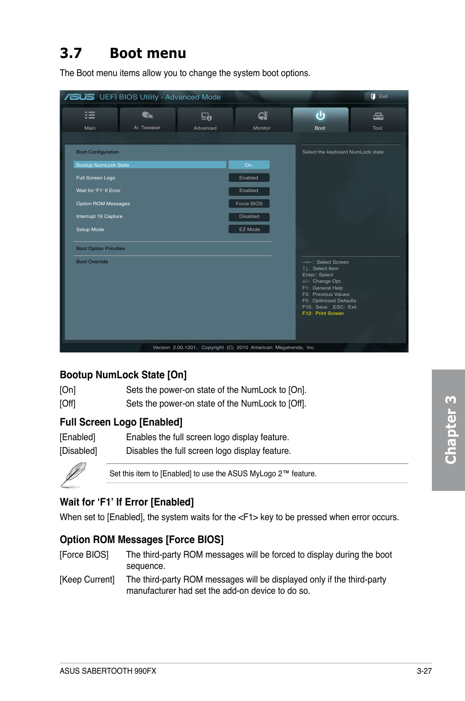 Chapter 3 3.7 boot menu, Bootup numlock state [on, Full screen logo [enabled | Wait for ‘f1’ if error [enabled, Option rom messages [force bios | Asus SABERTOOTH 990FX User Manual | Page 89 / 148