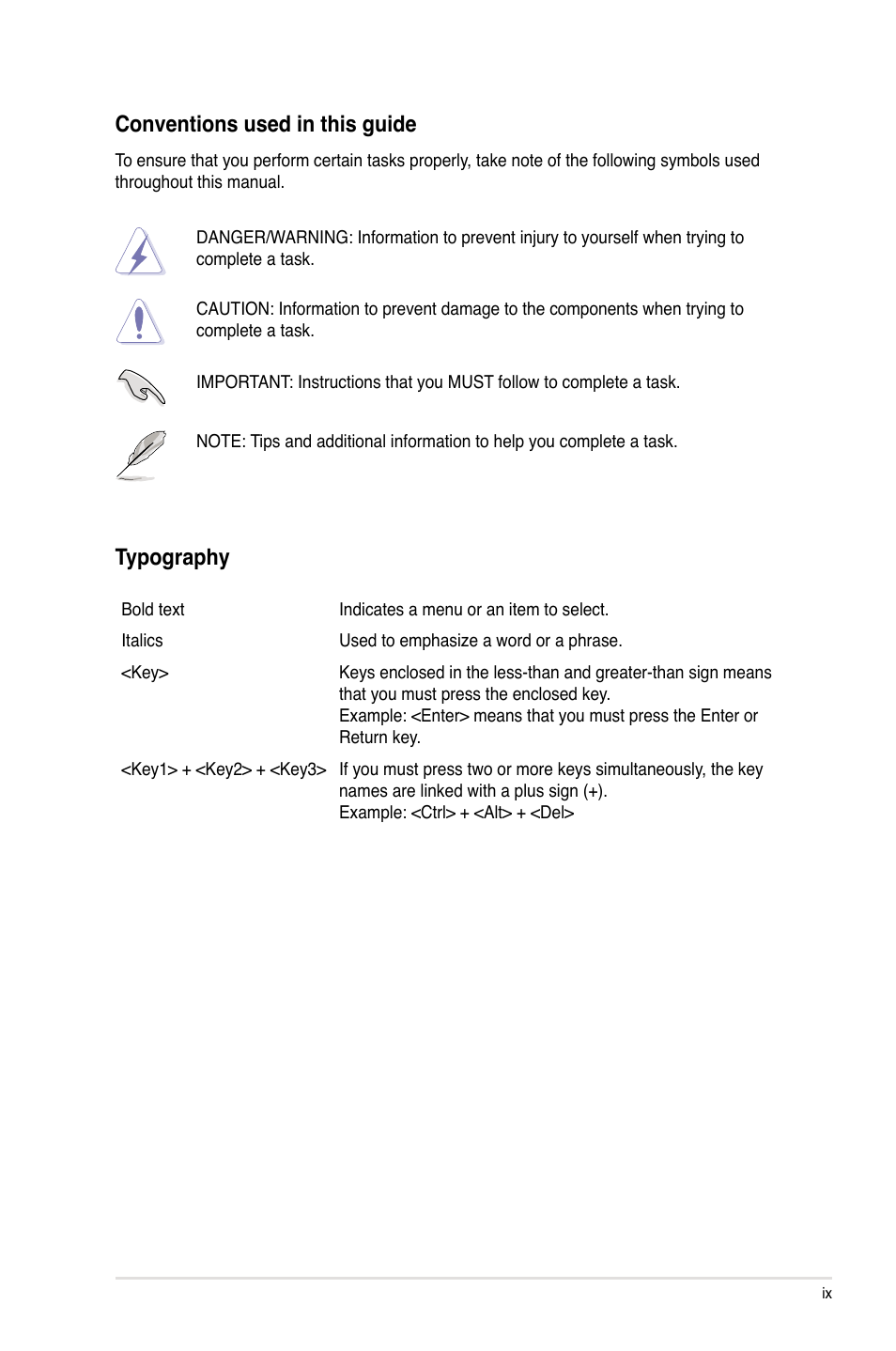 Conventions used in this guide, Typography | Asus SABERTOOTH 990FX User Manual | Page 9 / 148