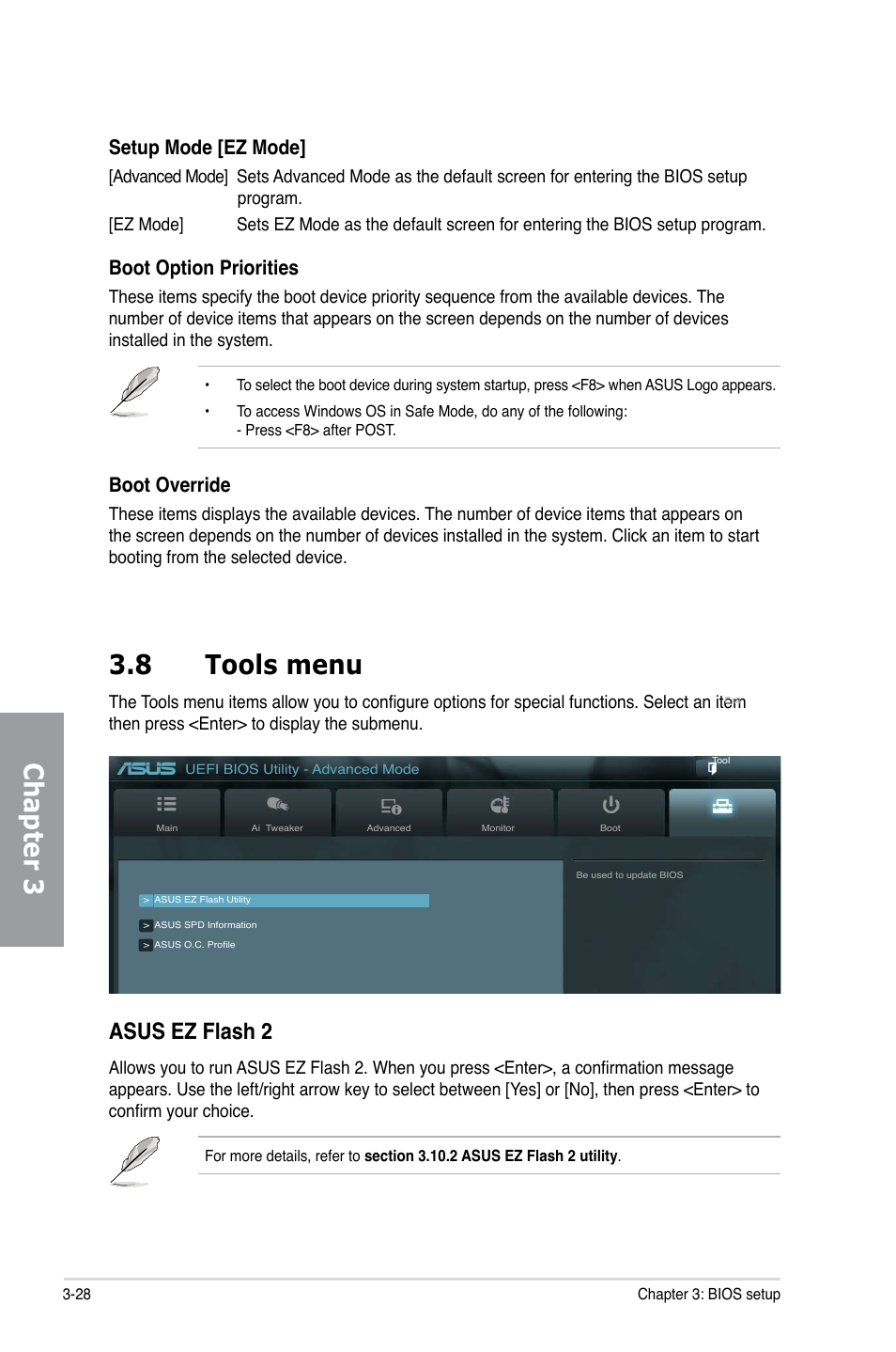 Chapter 3 3.8 tools menu, Asus ez flash 2, Setup mode [ez mode | Boot option priorities, Boot override | Asus SABERTOOTH 990FX User Manual | Page 90 / 148