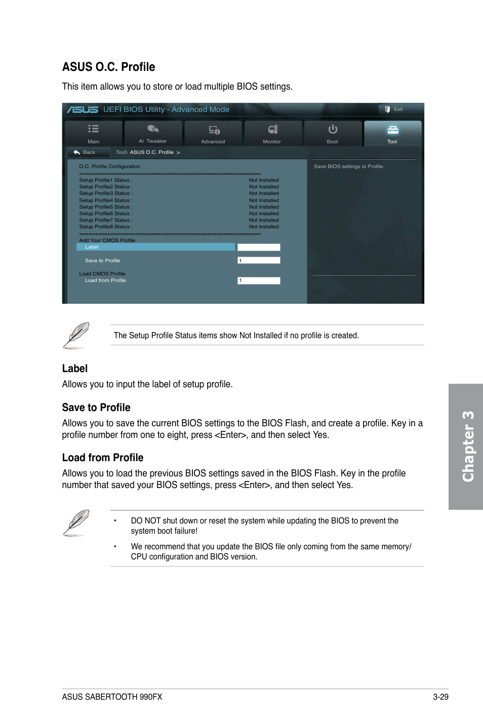 Chapter 3, Asus o.c. profile, Label | Save to profile, Load from profile, Allows you to input the label of setup profile | Asus SABERTOOTH 990FX User Manual | Page 91 / 148