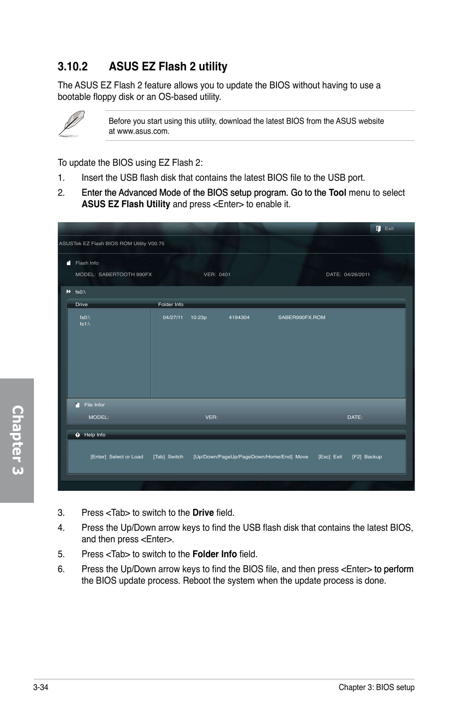 Chapter 3, 2 asus ez flash 2 utility | Asus SABERTOOTH 990FX User Manual | Page 96 / 148