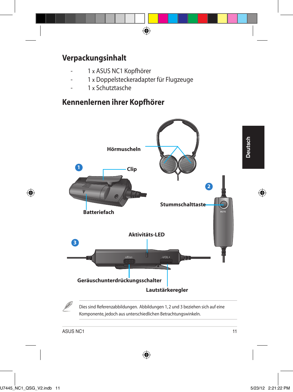 Mobile kopfhörer mit aktiver geräuschunterdrückung, Schnellstartanleitung, Verpackungsinhalt | Kennenlernen ihrer kopfhörer | Asus NC1 User Manual | Page 11 / 81