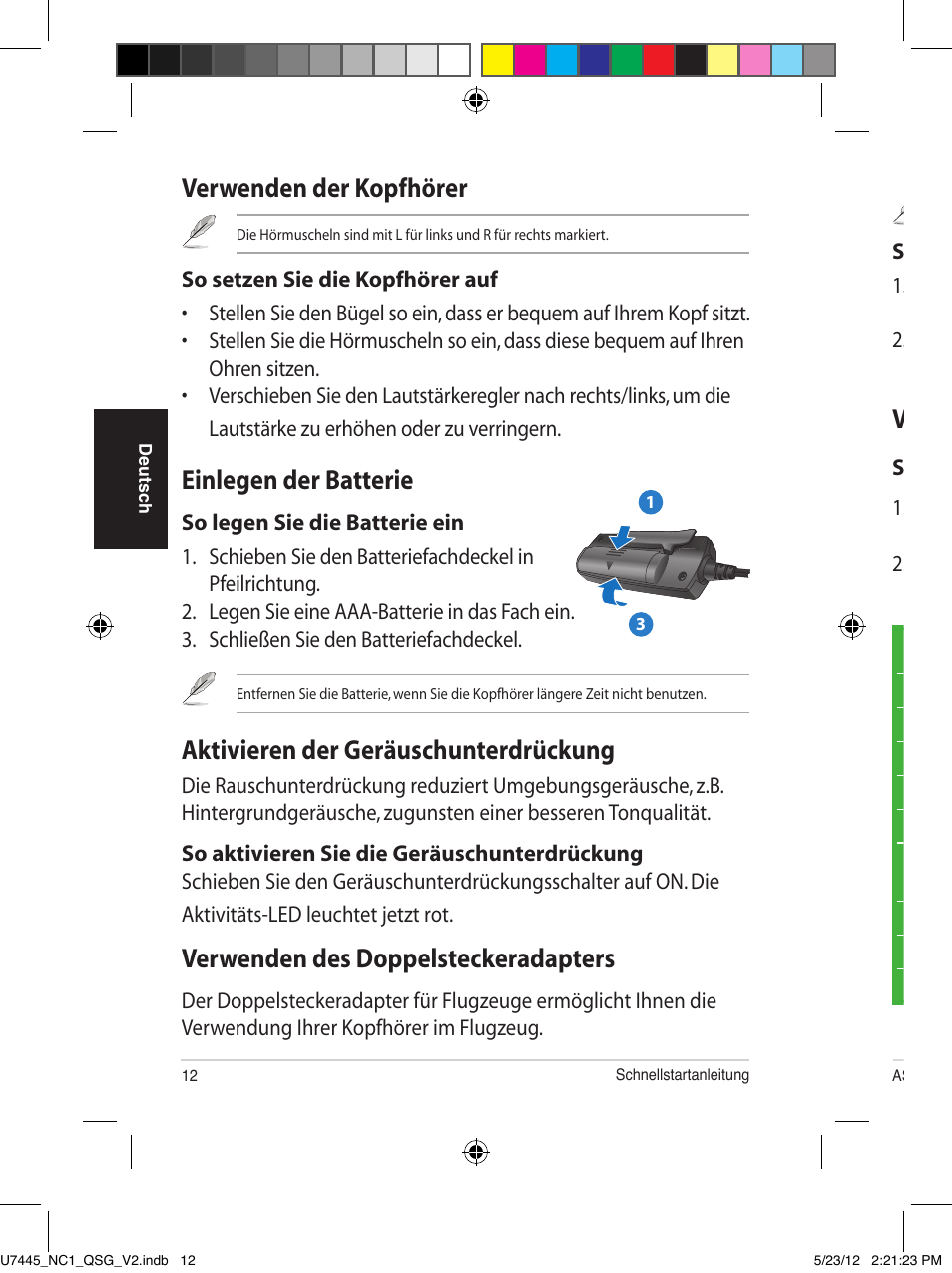 Verwenden der kopfhörer, Einlegen der batterie, Aktivieren der geräuschunterdrückung | Verwenden des doppelsteckeradapters, Verpacken ihrer kopfhörer | Asus NC1 User Manual | Page 12 / 81
