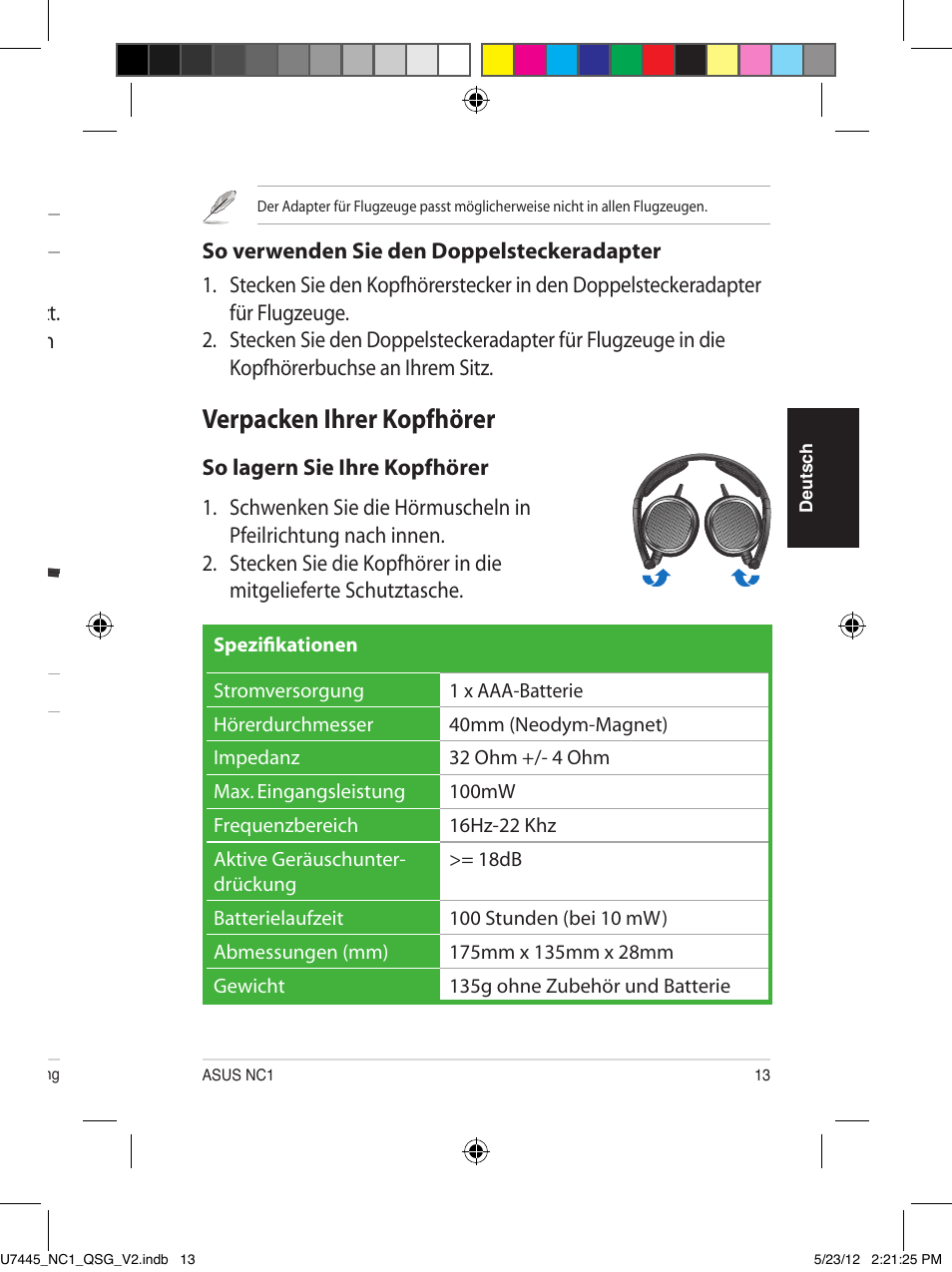 Verwenden der kopfhörer, Einlegen der batterie, Aktivieren der geräuschunterdrückung | Verwenden des doppelsteckeradapters, Verpacken ihrer kopfhörer | Asus NC1 User Manual | Page 13 / 81