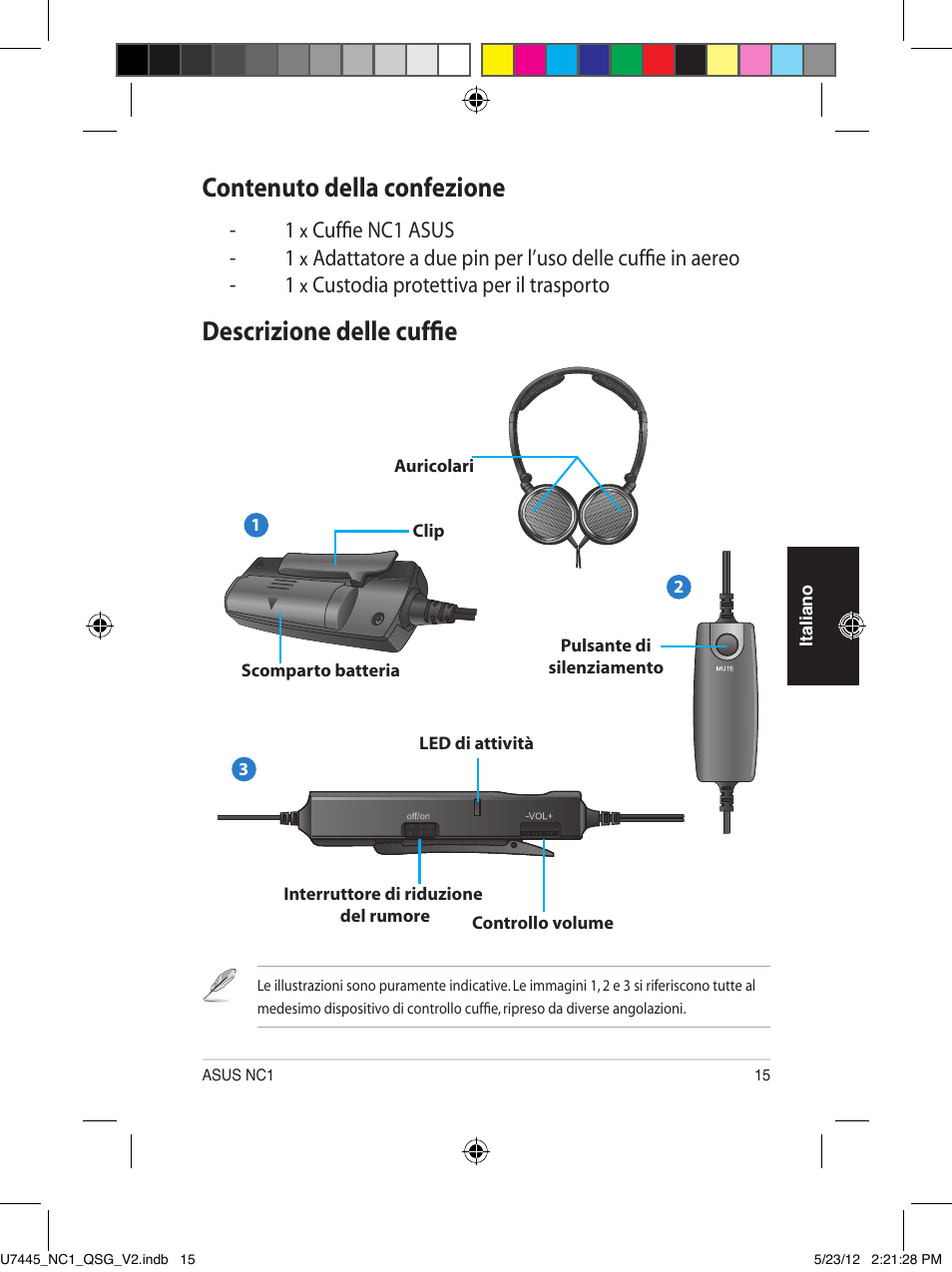 Cuffie portatili a riduzione attiva del rumore, Guida rapida, Contenuto della confezione | Descrizione delle cuffie | Asus NC1 User Manual | Page 15 / 81