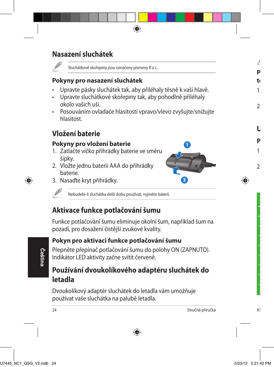 Nasazení sluchátek, Vložení baterie, Aktivace funkce potlačování šumu | Uchovávání sluchátek | Asus NC1 User Manual | Page 24 / 81