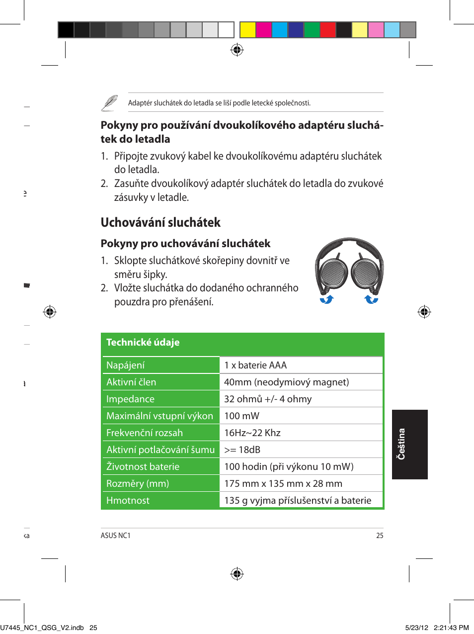 Nasazení sluchátek, Vložení baterie, Aktivace funkce potlačování šumu | Uchovávání sluchátek | Asus NC1 User Manual | Page 25 / 81