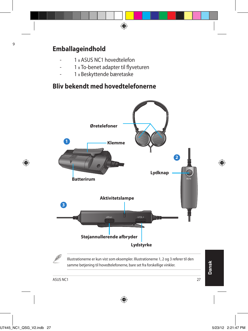Bærbar hovedtelefon med aktiv støjannullering, Hurtig startvejledning, Emballageindhold | Bliv bekendt med hovedtelefonerne | Asus NC1 User Manual | Page 27 / 81