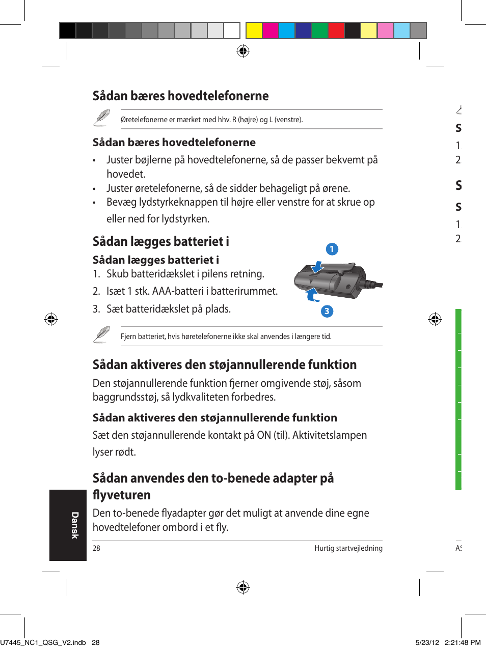 Sådan bæres hovedtelefonerne, Sådan lægges batteriet i, Sådan aktiveres den støjannullerende funktion | Sådan anvendes den to-benede adapter på flyveturen, Sådan opbevares hovedtelefonerne | Asus NC1 User Manual | Page 28 / 81