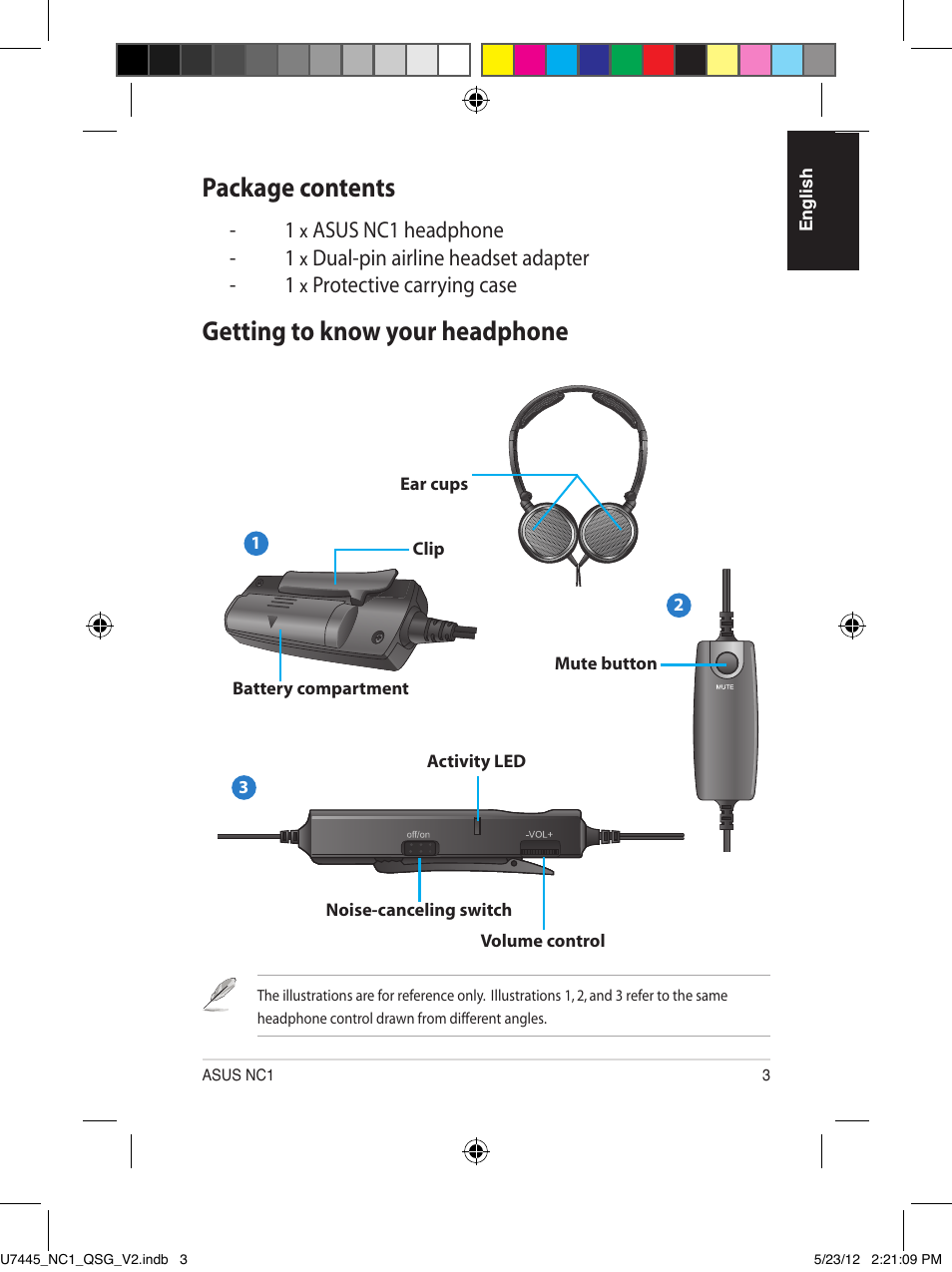 Portable active noise-canceling headphone, Quick start guide, Package contents | Getting to know your headphone | Asus NC1 User Manual | Page 3 / 81
